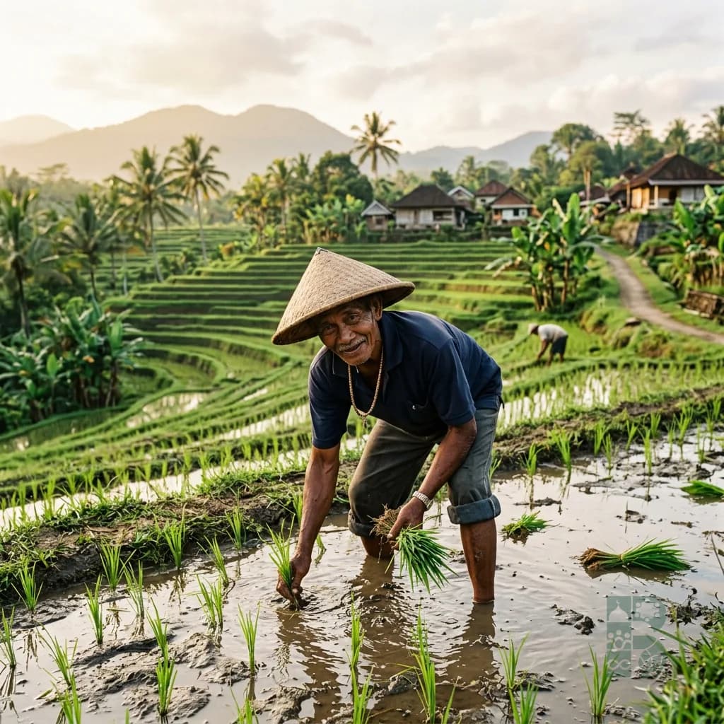 Ilustrasi lahan pertanian dan petani yang menggambarkan masa depan ketahanan pangan Indonesia.